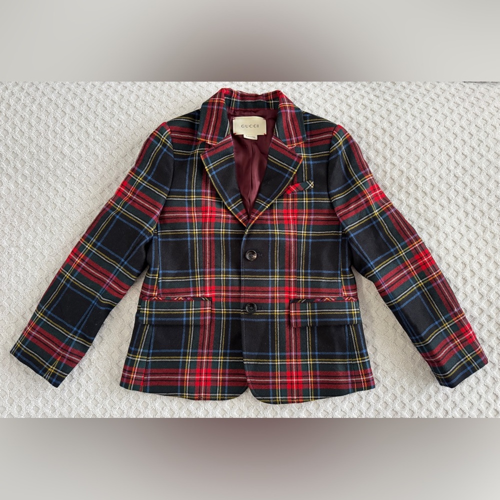 GUCCI Kids Elementary Tartan Blazer Jacket Size 6 Red Black Green Yellow Plaid - Picture 2 of 15